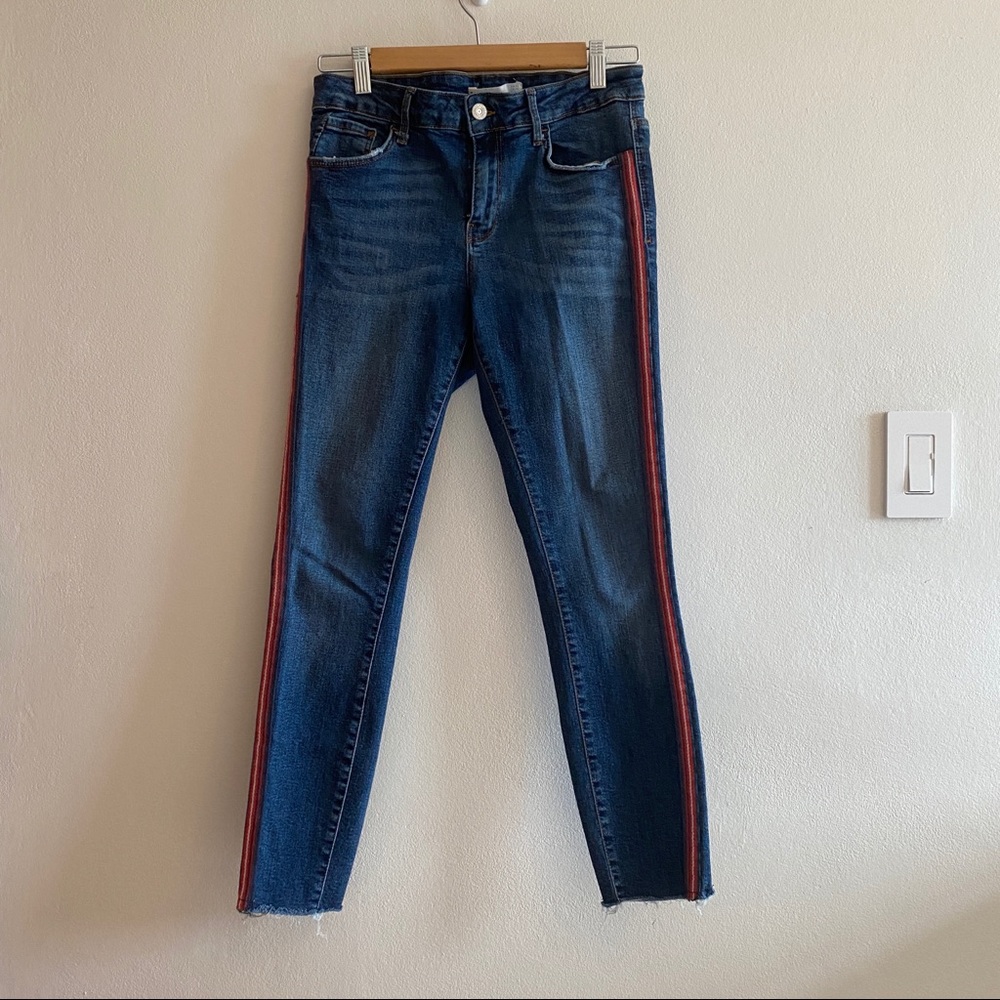 Zara Skinny Distressed Jeans with Red White Stripe - Picture 2 of 5